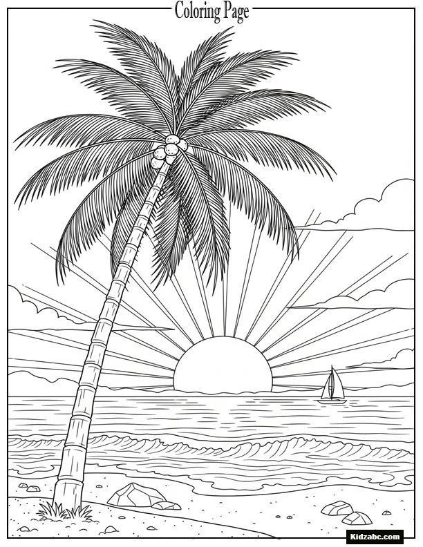 Beach sunset with coconut tree silhouette