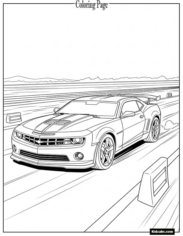 Bumblebee as a yellow sports car racing on an empty track.