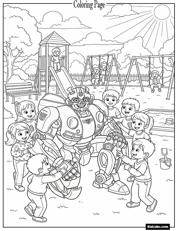 Bumblebee smiling beside children in a playground