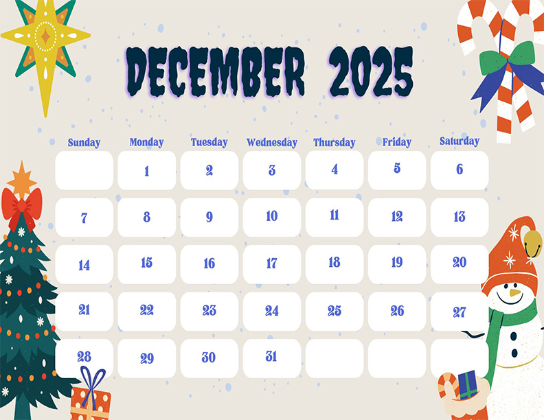 December  2025 Calendar Printable Playful Illustrated Christmas Landscape