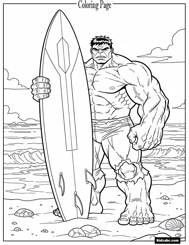 Hulk at the beach, holding surfboard