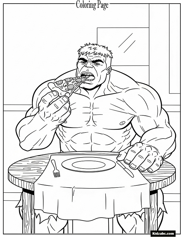 Hulk eating pizza, simple table setting