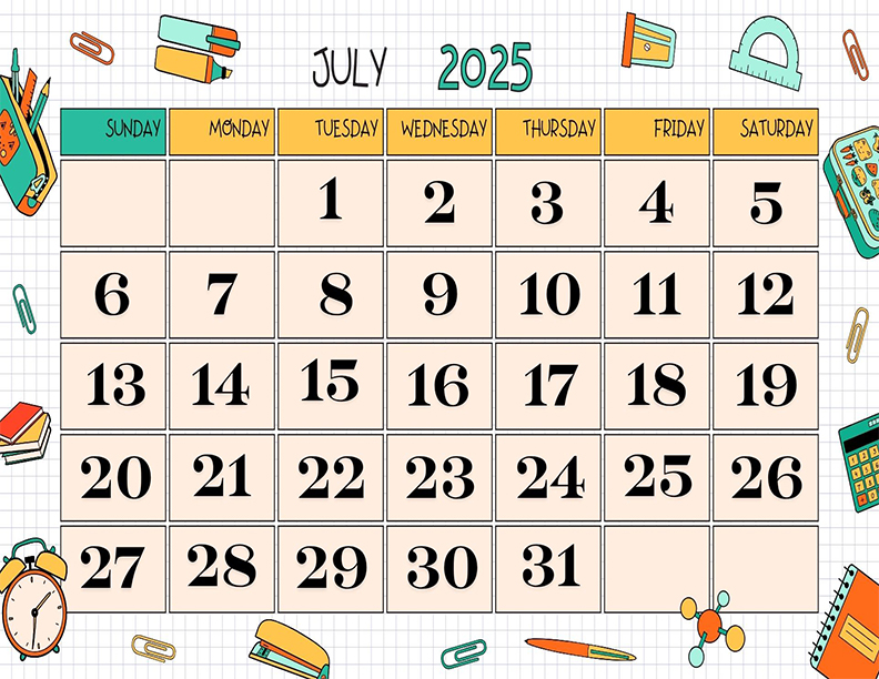 July 2025 Calendar Printable Blue Yellow Doodle Landscape