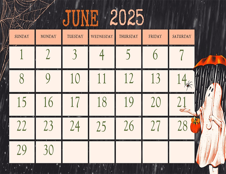 June 2025 Calendar Printable Orange and Black Illustrated Landscape