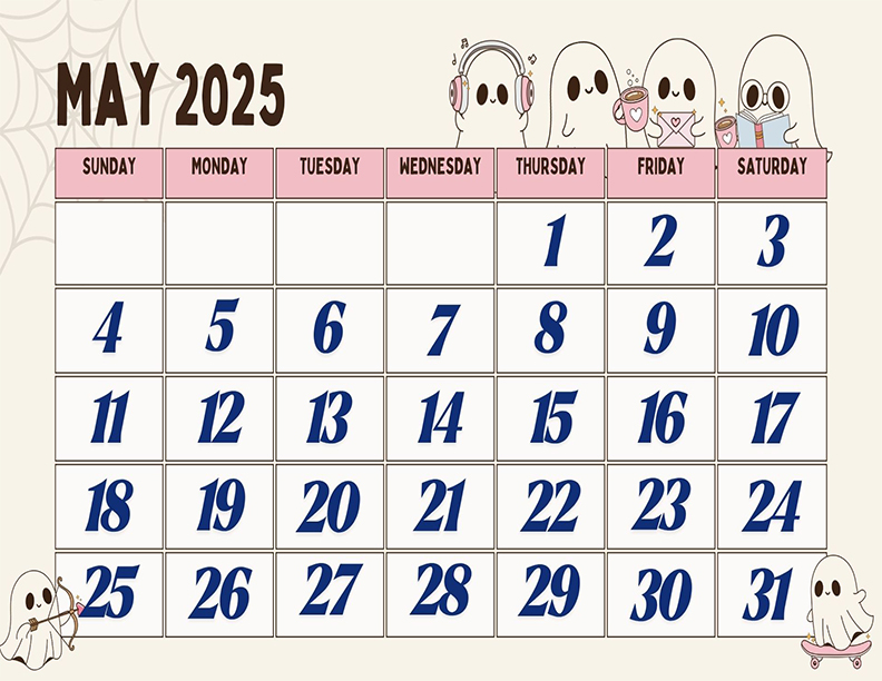 May 2025 Calendar Printable Pink and Brown Cute Ghost Landscape