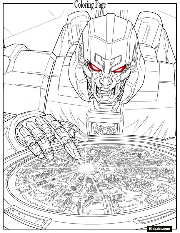Megatron looking at a glowing Cybertron map