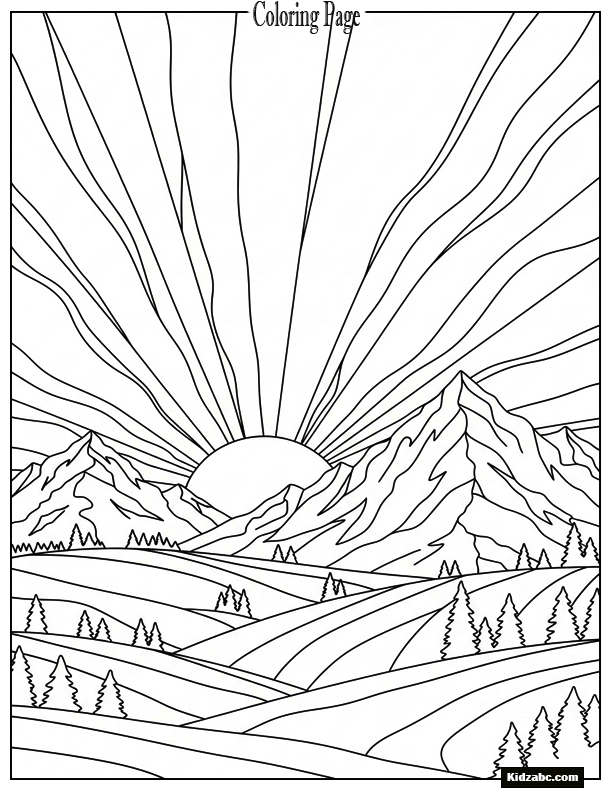 Mountain sunset with rolling hills and a radiant sun