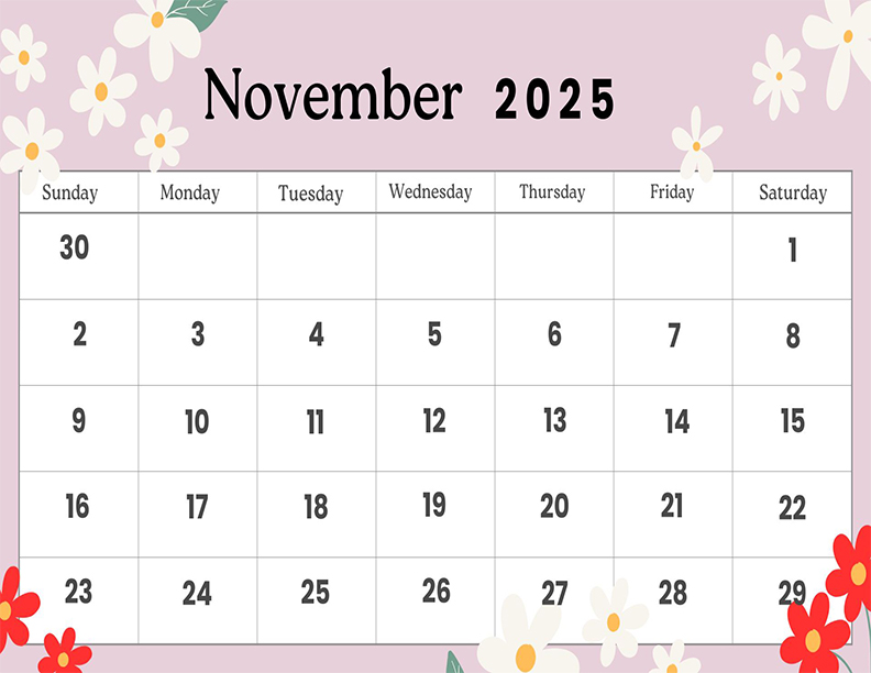 November 2025 Calendar Printable Pink Daisy Planner Landscape