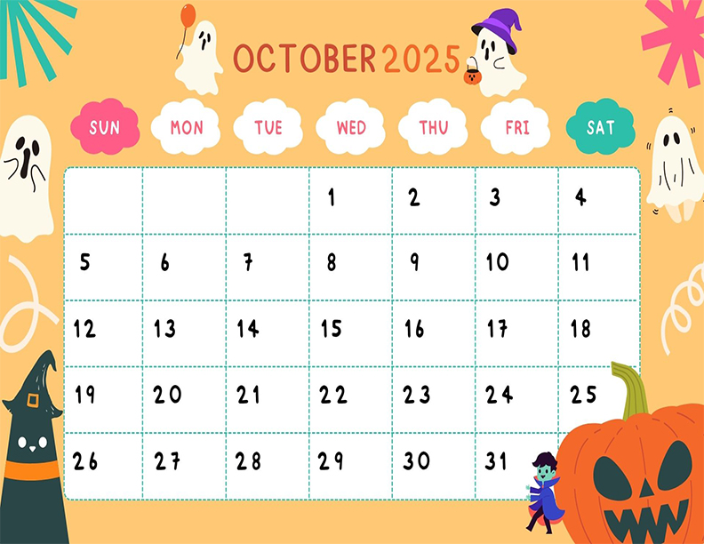 October 2025 Calendar Printable Orange Cute Illustrated Landscape