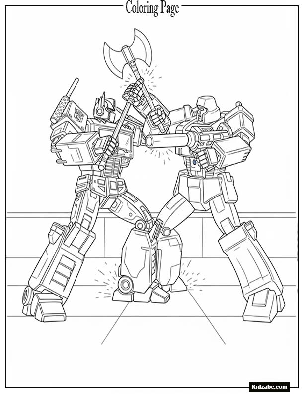 Optimus Prime battling Megatron, with minimal sparks