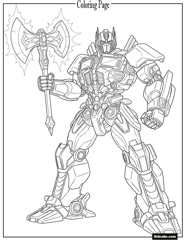 Optimus Prime holding his glowing axe, heroic stance