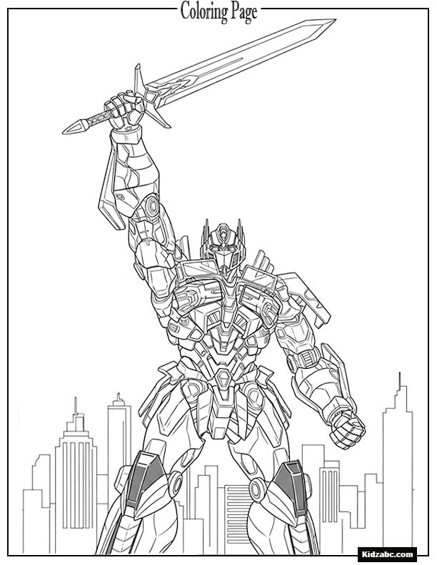 Optimus Prime standing tall with his sword raised