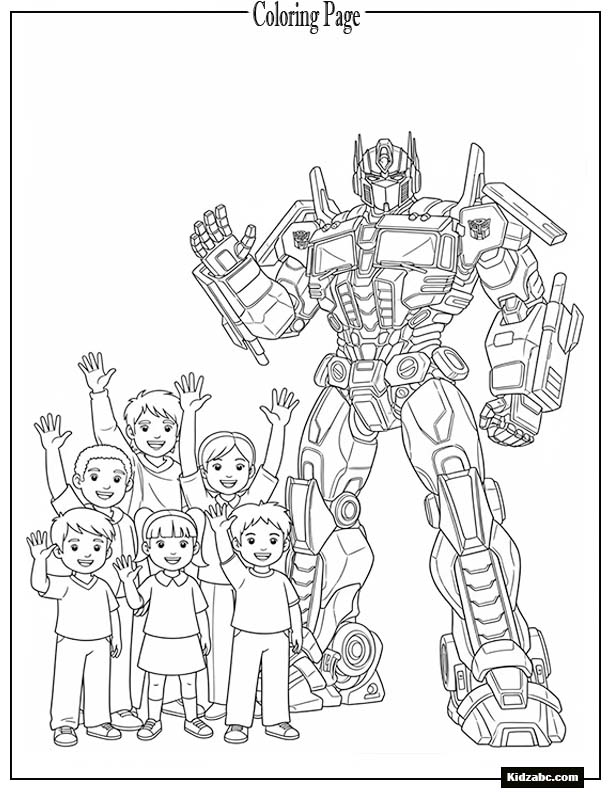 Optimus Prime standing with kids waving beside him