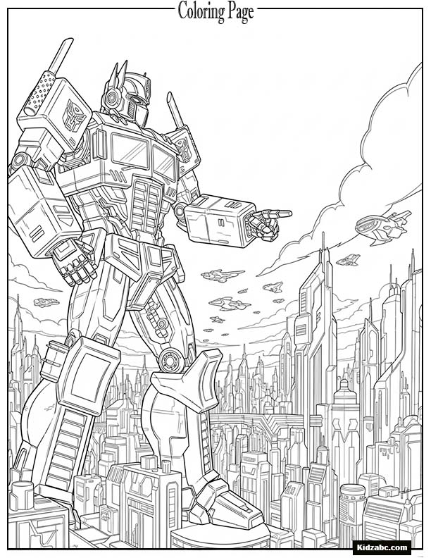 Optimus standing over Cybertron city