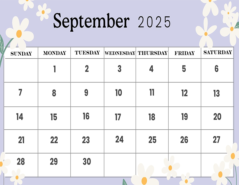 September 2025 Calendar Printable Lilac Daisy Planner Landscape