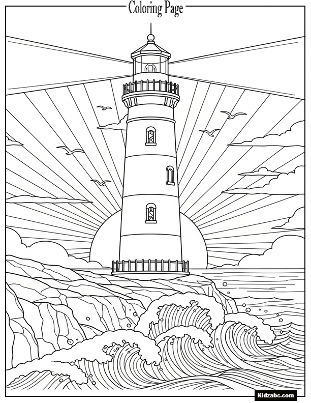 Sunset behind a lighthouse, waves crashing below