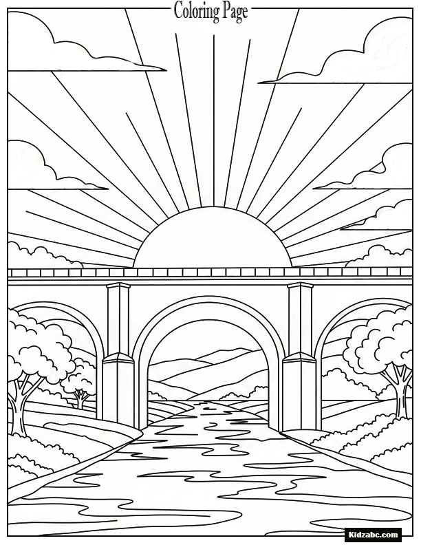Sunset behind an arched bridge spanning a river