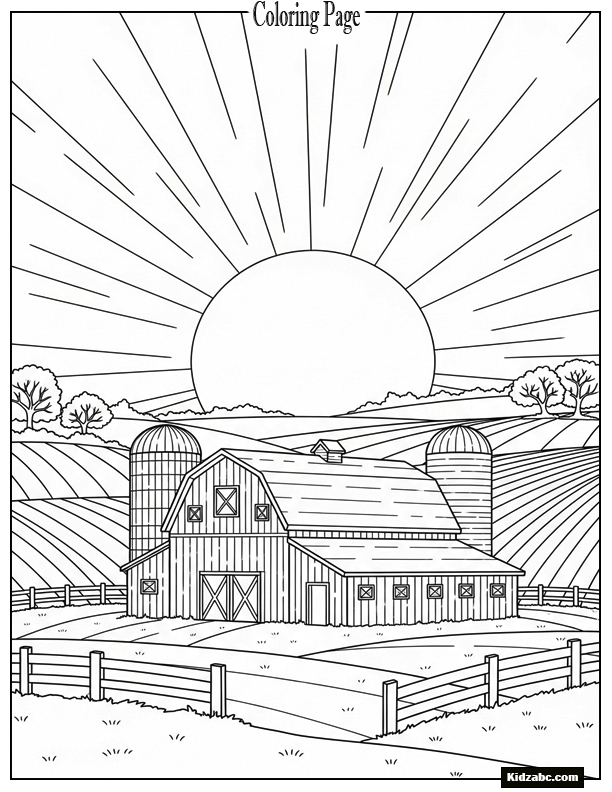 Sunset behind barn in countryside silhouette