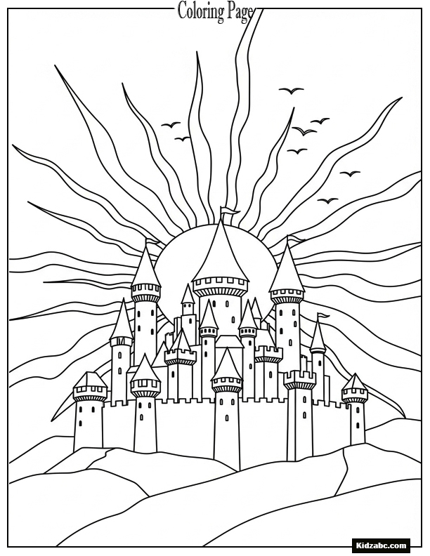 Sunset behind castle towers in silhouette
