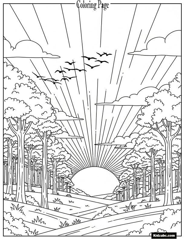 Sunset behind forest with birds flying overhead