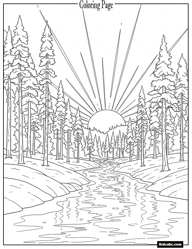 Sunset behind forest with tall trees and winding river