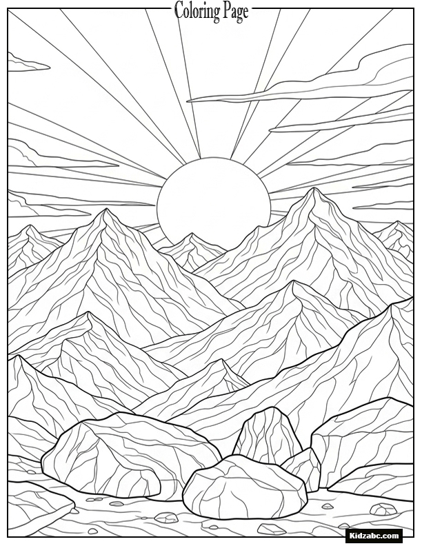 Sunset behind mountains with clear foreground rocks