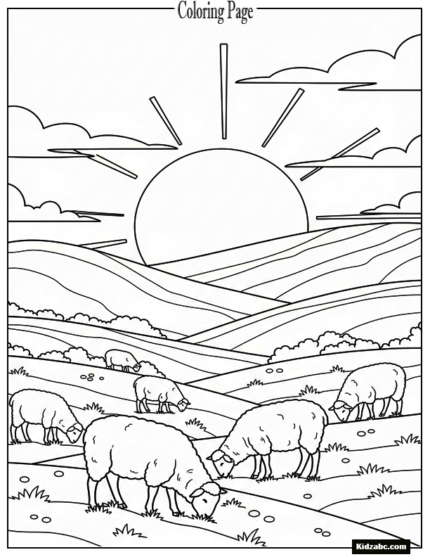 Sunset behind rolling meadows and grazing sheep