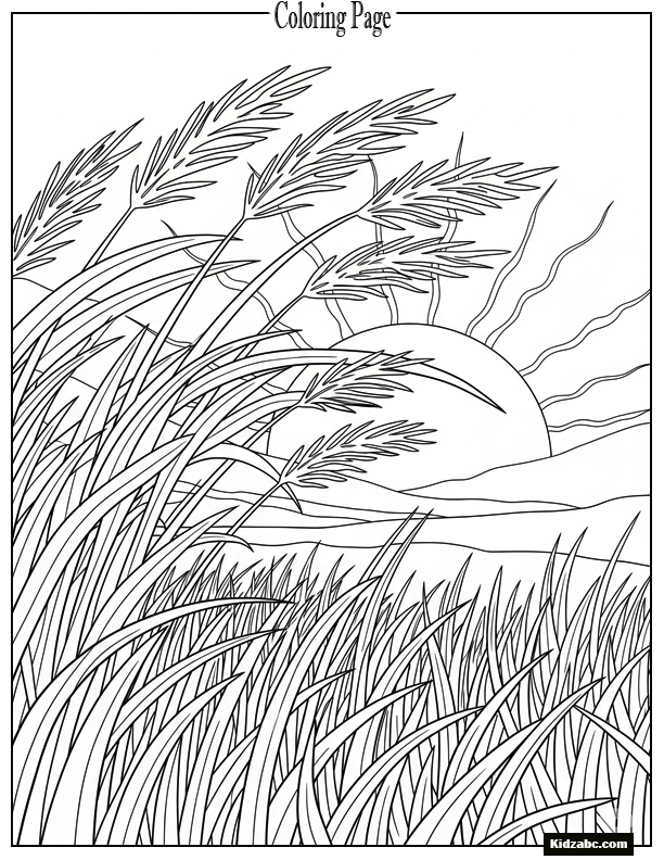 Sunset behind tall grasses waving in breeze
