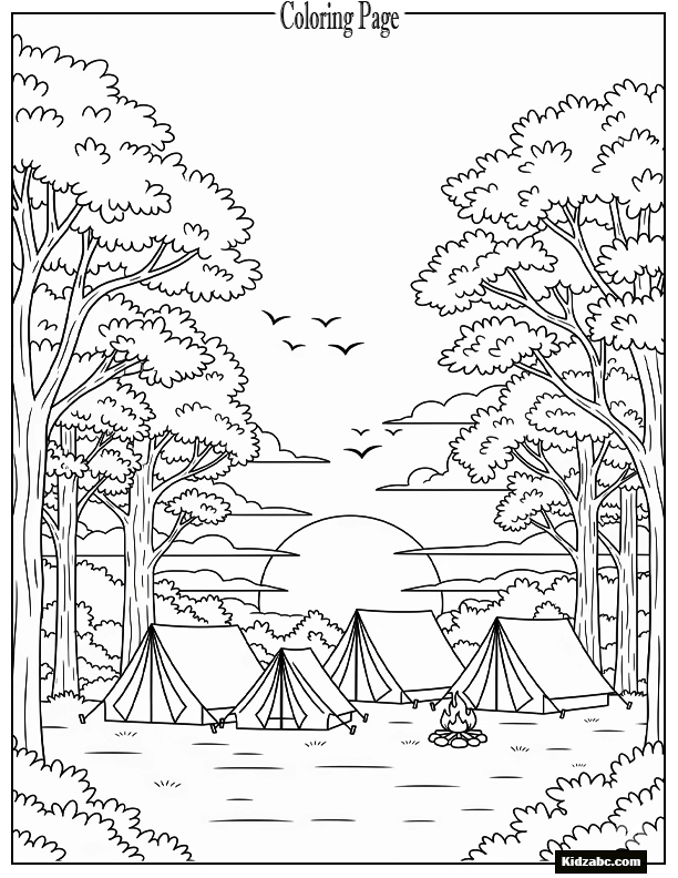 Sunset behind tents in forest campsite silhouette