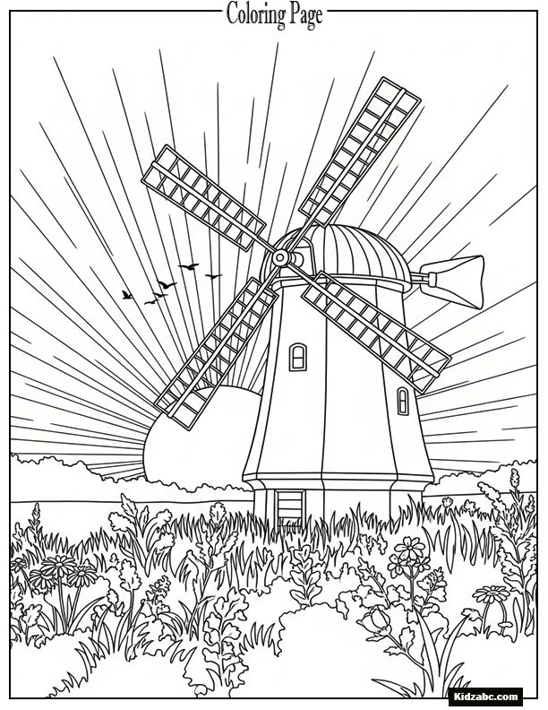 Sunset behind windmill silhouette in field