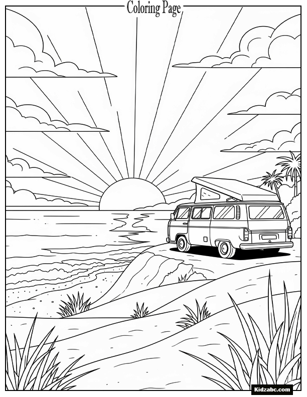 Sunset featuring a camper van parked near coast