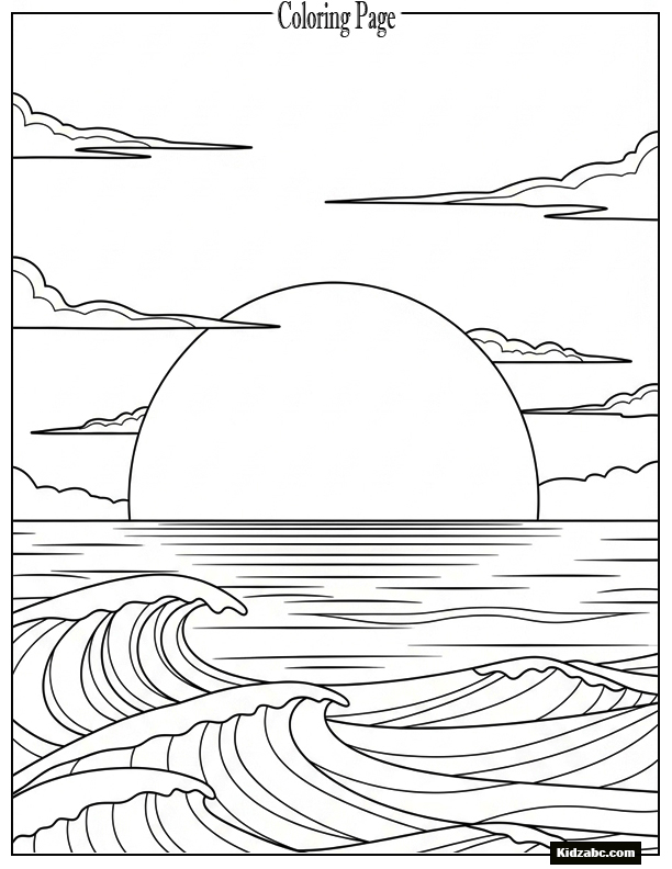 Sunset for mindfulness large sun, few waves, open sky