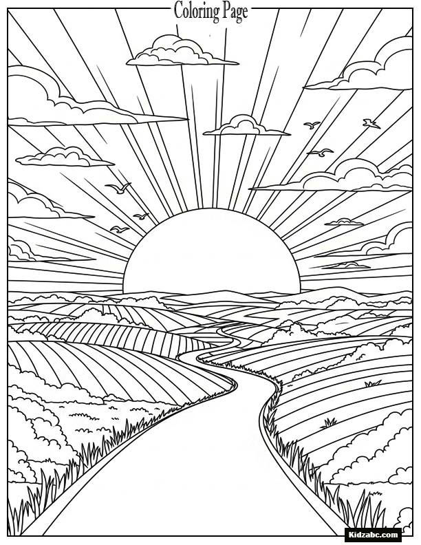 Sunset over countryside road with winding path