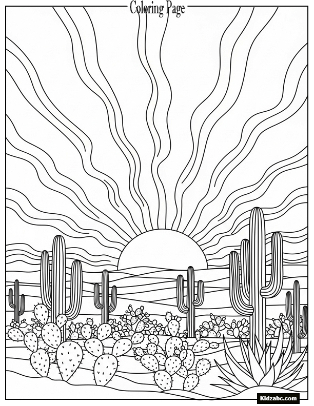 Sunset over desert with cacti and sun trails