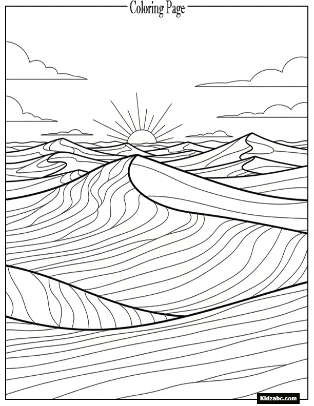 Sunset over dunes with smooth wave like sand lines