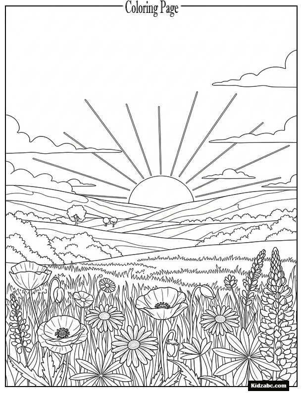 Sunset over meadow with wildflowers in foreground