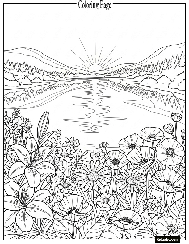 Sunset reflecting in a peaceful lake surrounded by flowers
