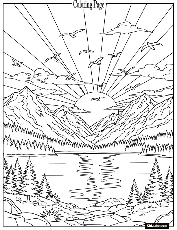 Sunset reflecting off mountain lake, birds in flight