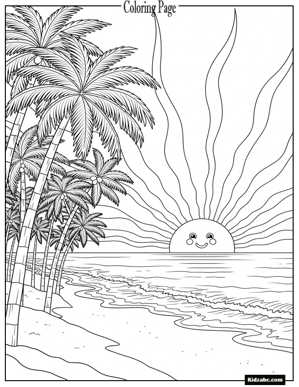Sunset scene with palm trees, gentle waves, and a smiling sun