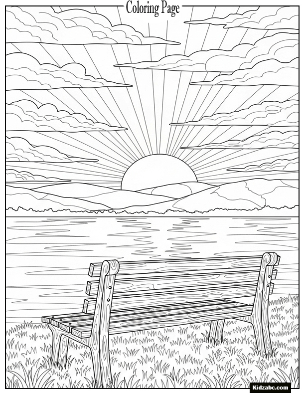 Sunset with a bench beside a serene lake