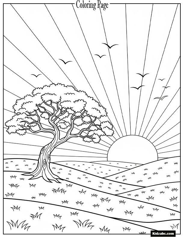 Sunset with a lone tree and rolling grass hills