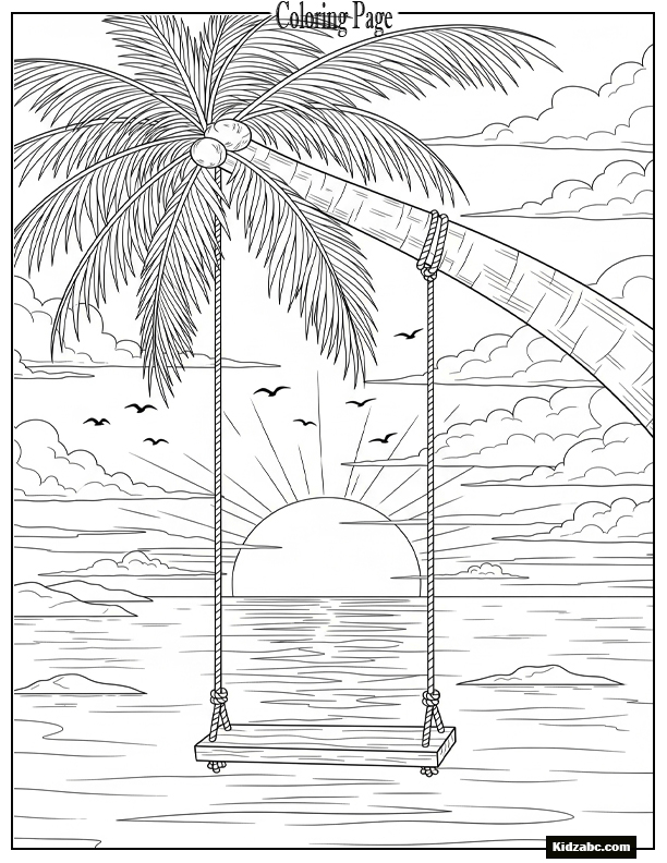 Sunset with a swing hanging from a palm tree