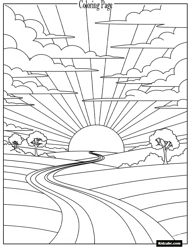 Sunset with a winding path leading toward sun