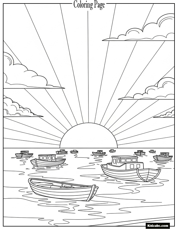 Sunset with boats drifting on calm sea