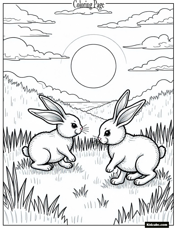 Sunset with bunnies hopping across foreground silhouette