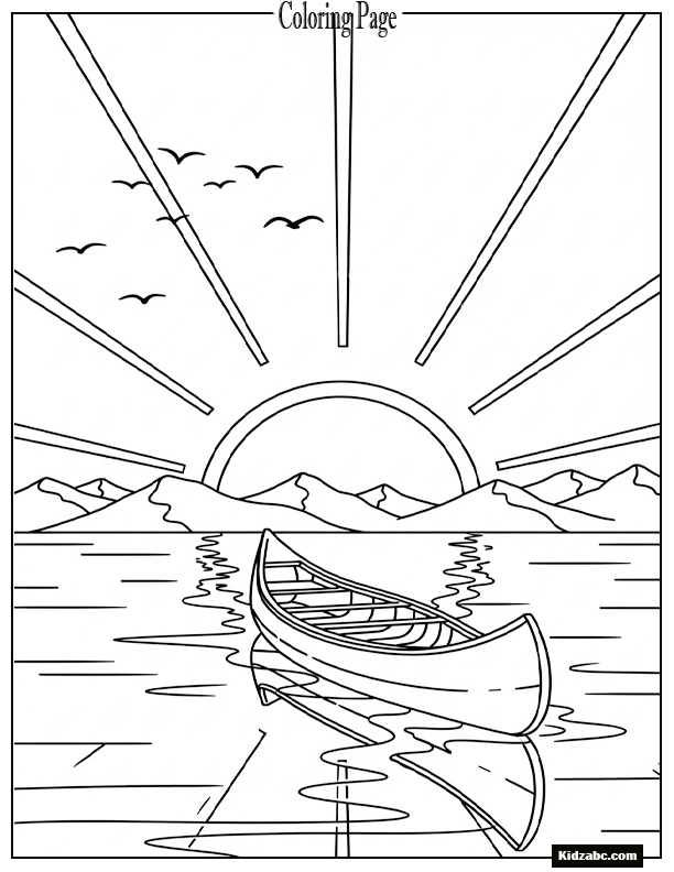 Sunset with canoe drifting amid ringed sun