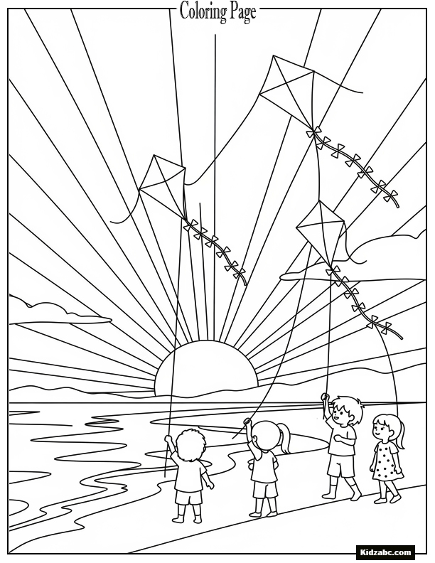 Sunset with children flying kites on beach