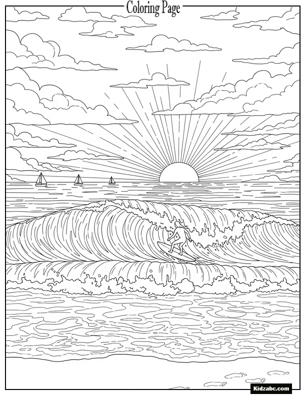Sunset with curling waves and foot bridging lines