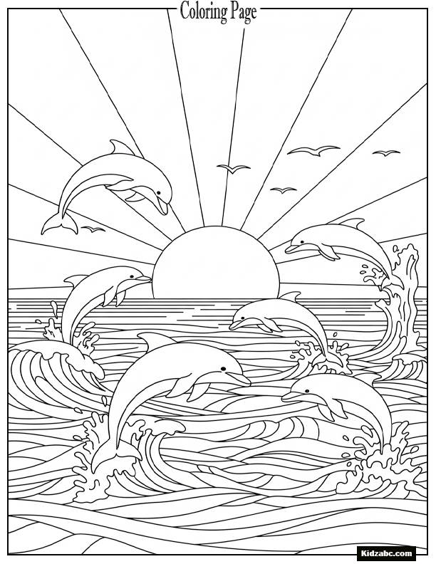Sunset with dolphins jumping through waves