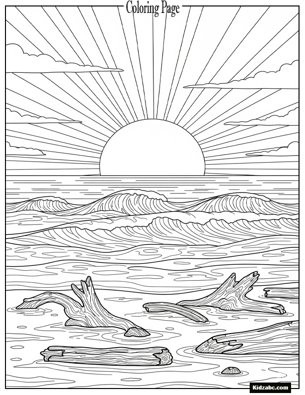 Sunset with gentle waves and driftwood silhouette